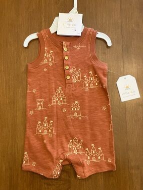 3 Month 100% Organic Cotton- Rust Castle Print Romper- Little Co.